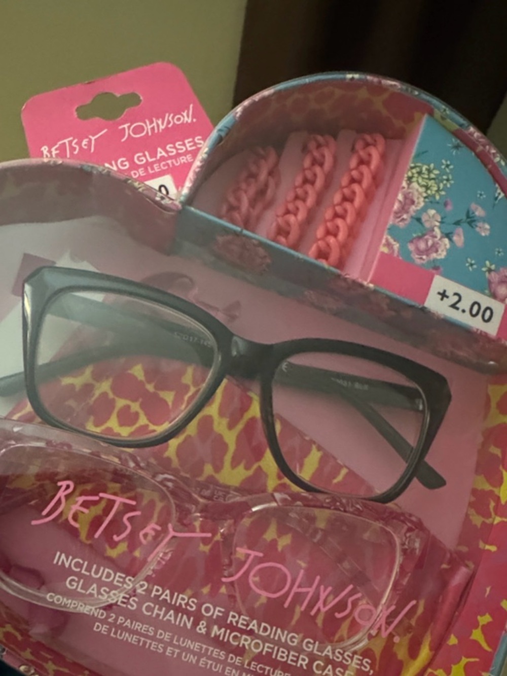 Betsey Johnson Black Reading Glasses with Pink Case & Chain